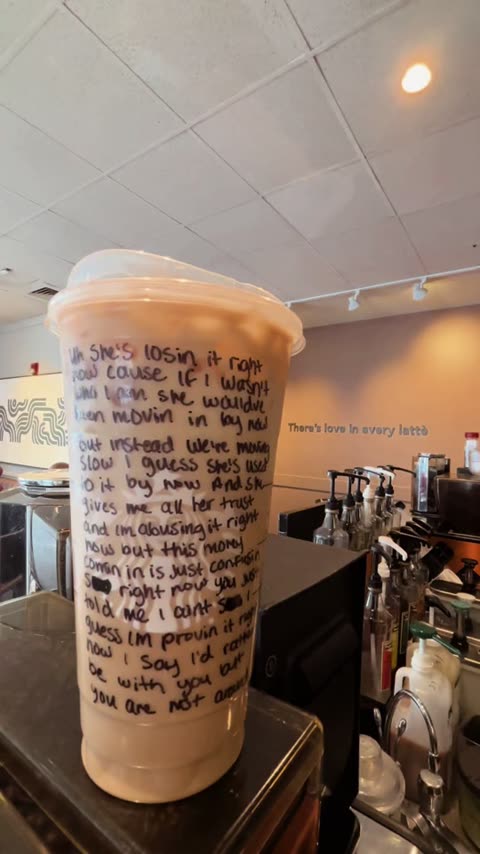 Iced Starbucks cup covered top to bottom in handwritten song lyrics at the handoff plane.