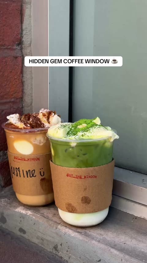 Two iced drinks (matcha, coffee) with stamped sleeves on the ledge of OTW hidden coffee window in LA Arts District.